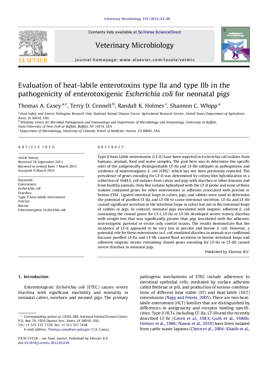 Evaluation of heat-labile enterotoxins type IIa and type IIb in the pathogenicity of enterotoxigenic Escherichia coli for neonatal pigs