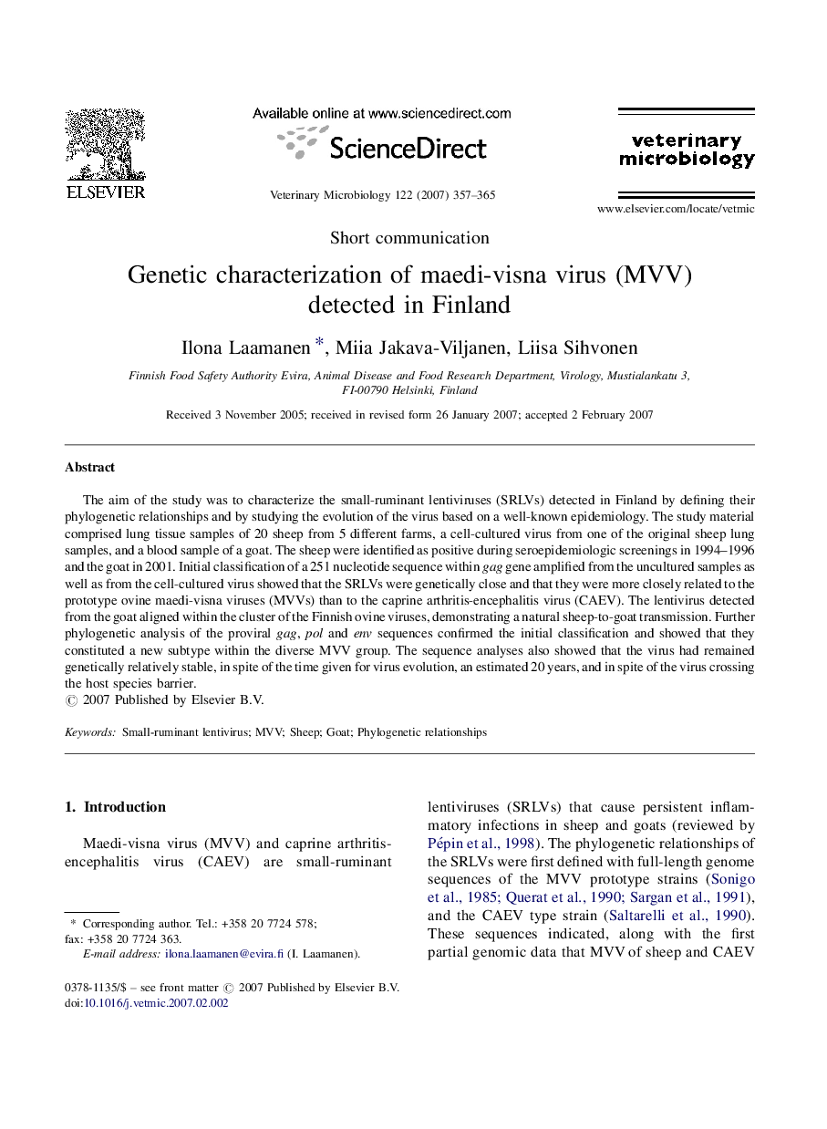 Genetic characterization of maedi-visna virus (MVV) detected in Finland
