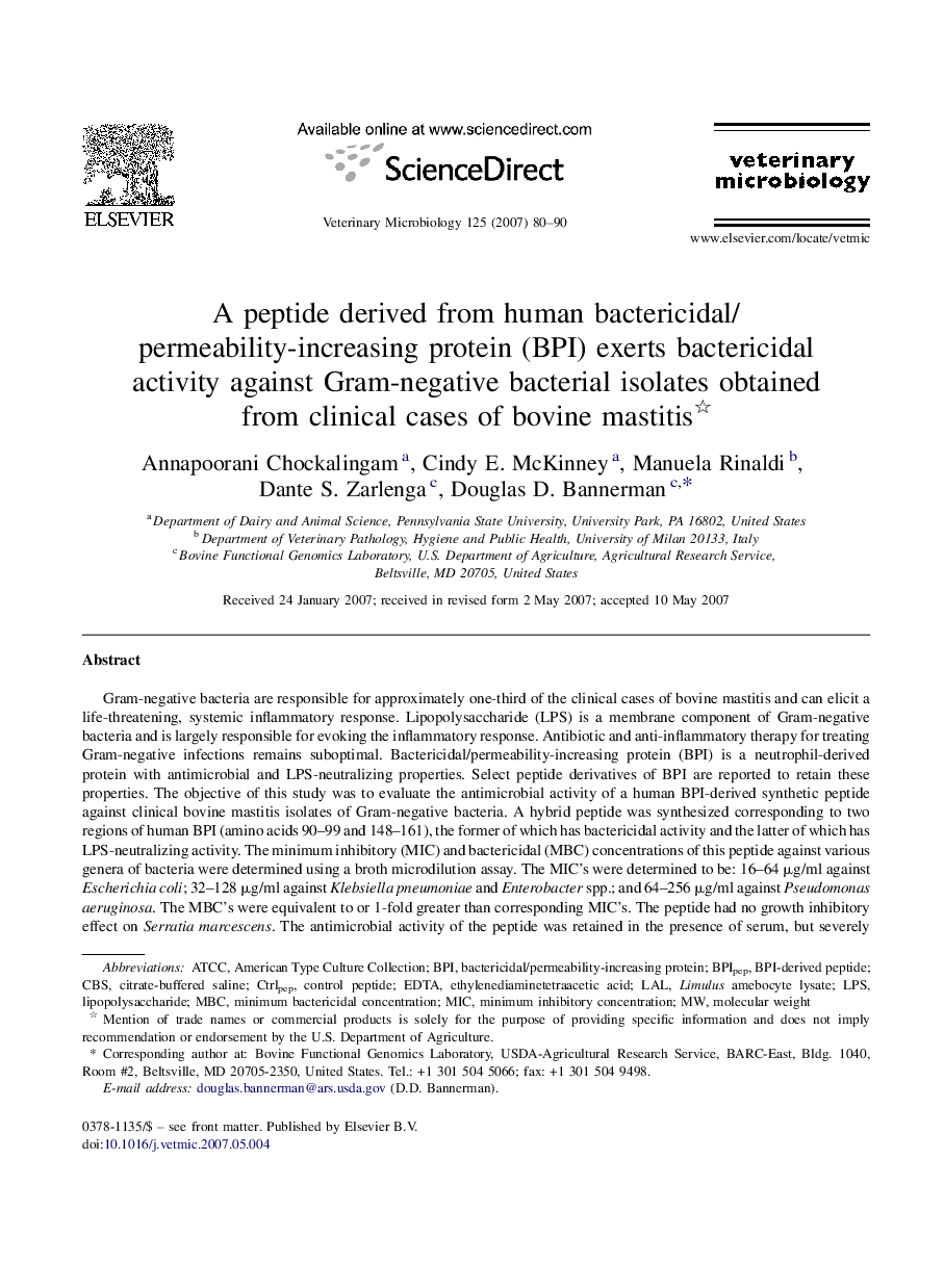 A peptide derived from human bactericidal/permeability-increasing protein (BPI) exerts bactericidal activity against Gram-negative bacterial isolates obtained from clinical cases of bovine mastitis 