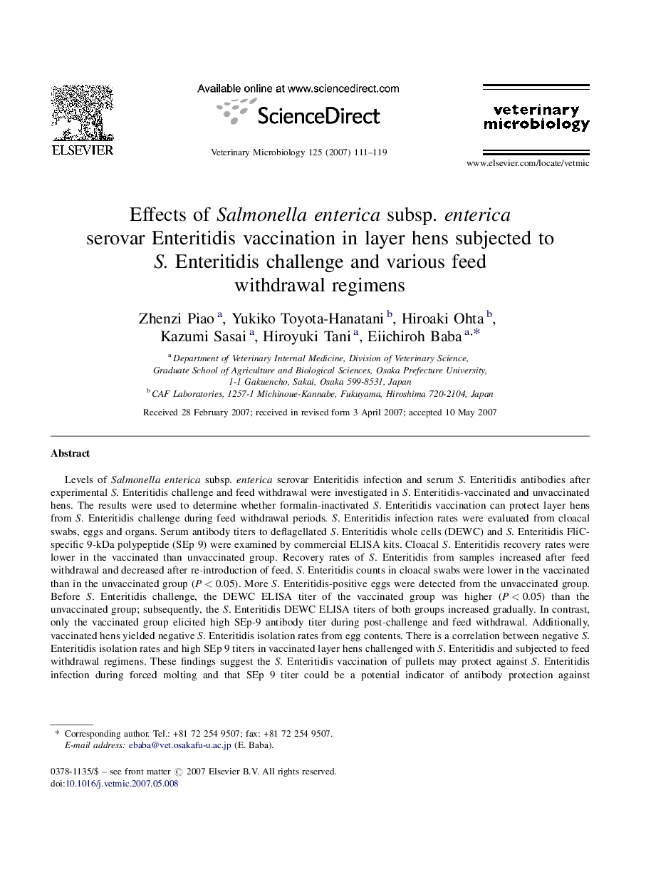 Effects of Salmonella enterica subsp. enterica serovar Enteritidis vaccination in layer hens subjected to S. Enteritidis challenge and various feed withdrawal regimens