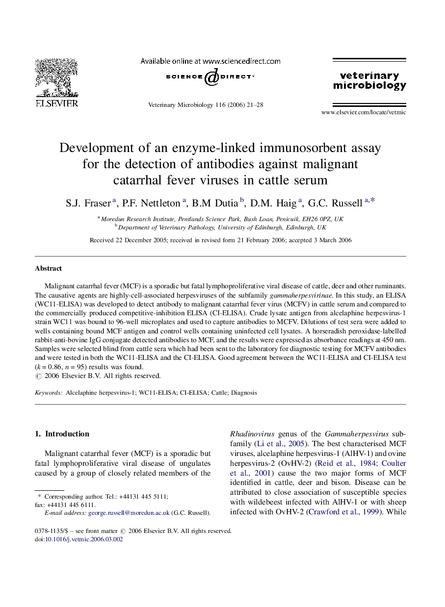 Development of an enzyme-linked immunosorbent assay for the detection of antibodies against malignant catarrhal fever viruses in cattle serum