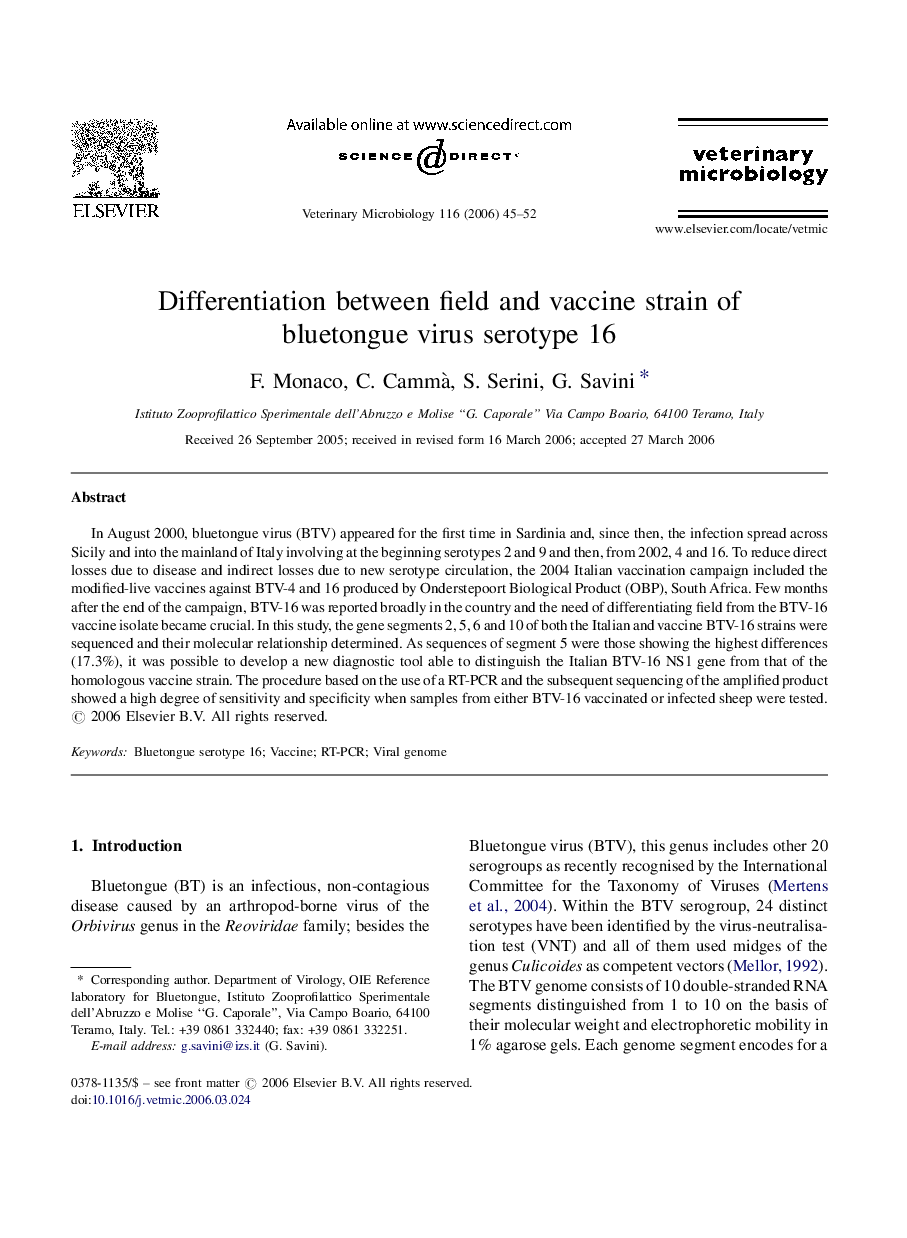 Differentiation between field and vaccine strain of bluetongue virus serotype 16