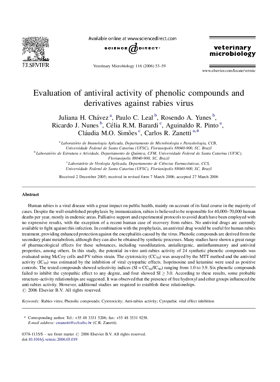 Evaluation of antiviral activity of phenolic compounds and derivatives against rabies virus