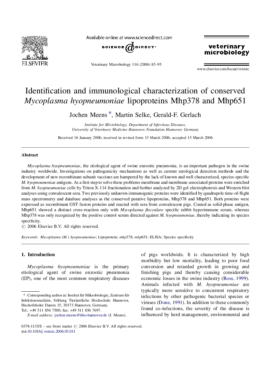 Identification and immunological characterization of conserved Mycoplasma hyopneumoniae lipoproteins Mhp378 and Mhp651