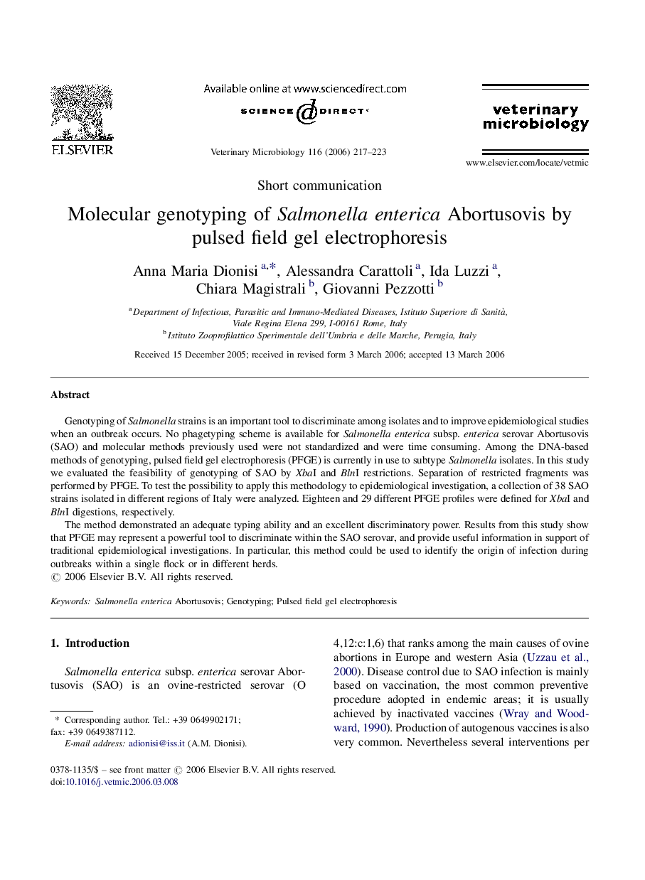 Molecular genotyping of Salmonella enterica Abortusovis by pulsed field gel electrophoresis