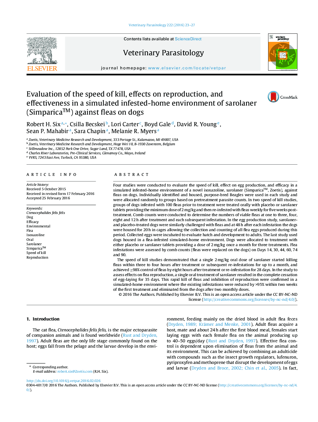 Evaluation of the speed of kill, effects on reproduction, and effectiveness in a simulated infested-home environment of sarolaner (Simparica™) against fleas on dogs