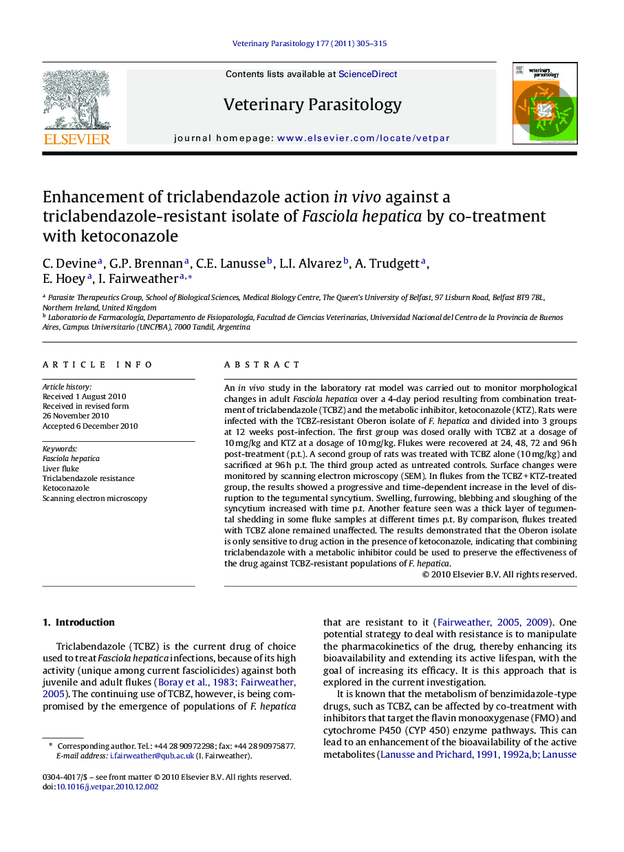 Enhancement of triclabendazole action in vivo against a triclabendazole-resistant isolate of Fasciola hepatica by co-treatment with ketoconazole