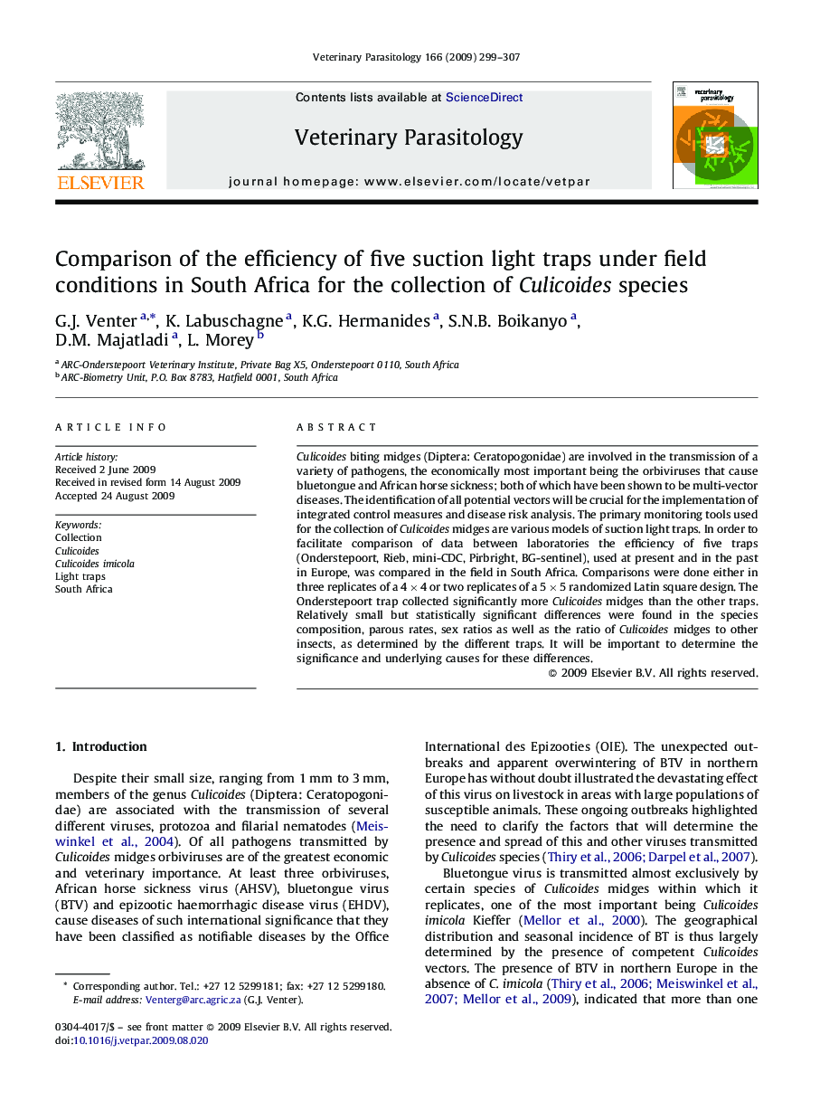 Comparison of the efficiency of five suction light traps under field conditions in South Africa for the collection of Culicoides species