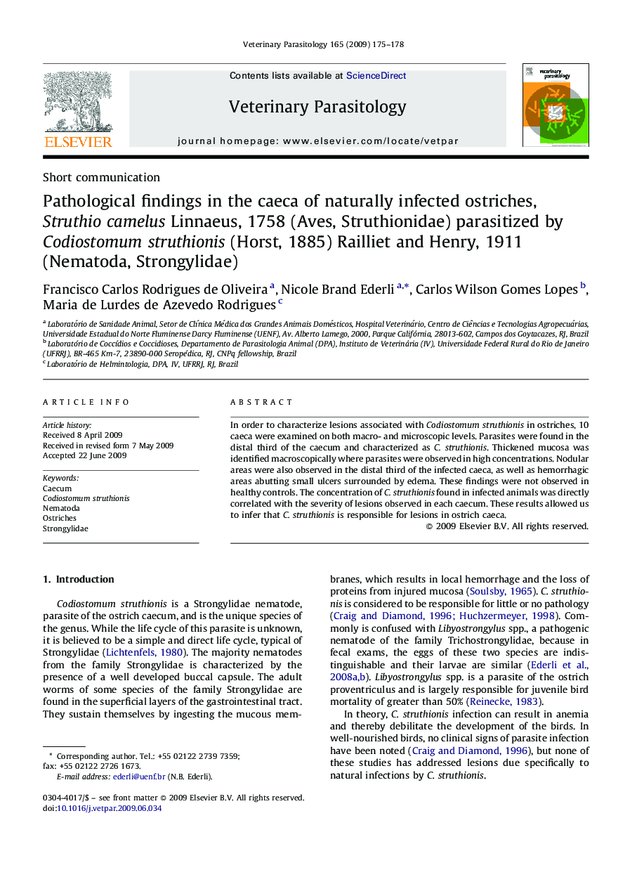 Pathological findings in the caeca of naturally infected ostriches, Struthio camelus Linnaeus, 1758 (Aves, Struthionidae) parasitized by Codiostomum struthionis (Horst, 1885) Railliet and Henry, 1911 (Nematoda, Strongylidae)