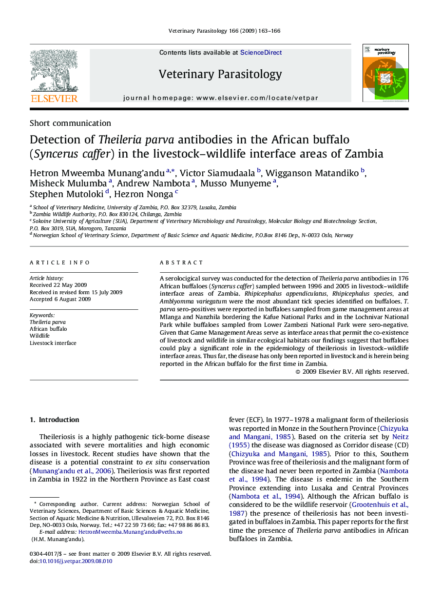 Detection of Theileria parva antibodies in the African buffalo (Syncerus caffer) in the livestock–wildlife interface areas of Zambia