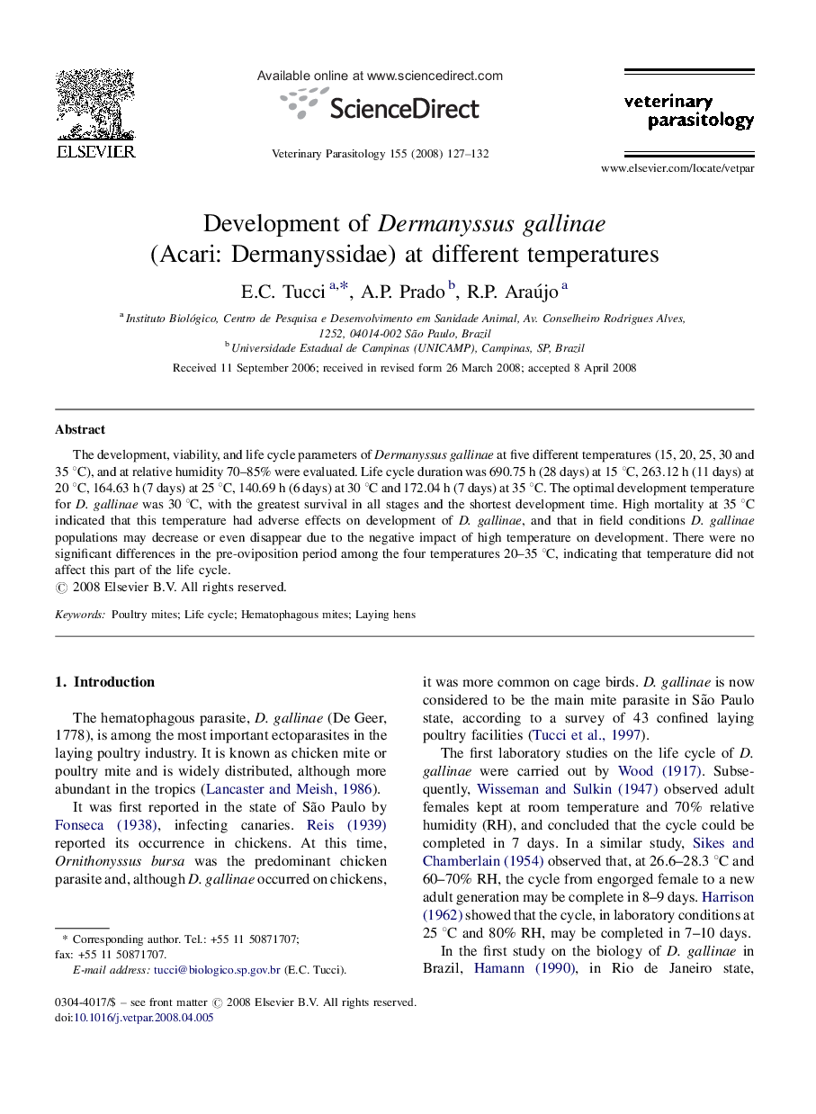 Development of Dermanyssus gallinae (Acari: Dermanyssidae) at different temperatures