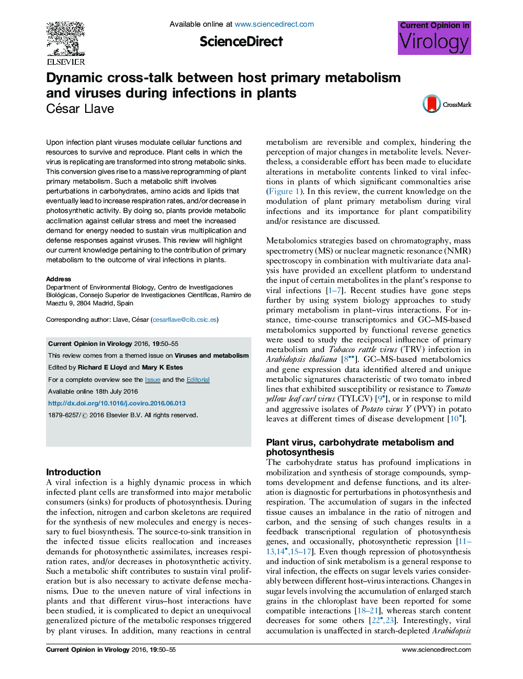 تبادل اطلاعات پویا بین متابولیسم اولیه میزبان و ویروس ها در طول عفونت در گیاهان