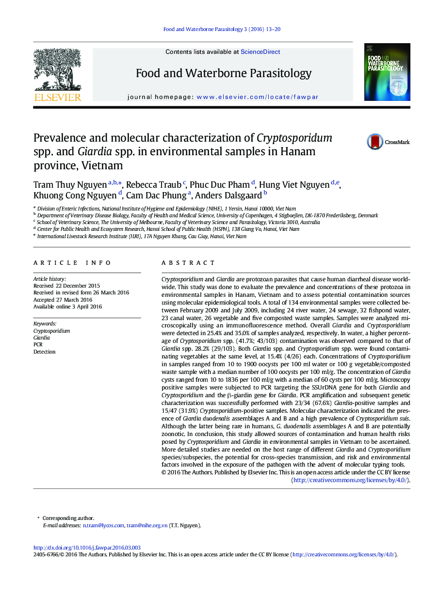 شيوع و خصوصيات مولكولي Cryptosporidium spp. و Giardia spp. در نمونه های محیطی در استان هانام، ویتنام