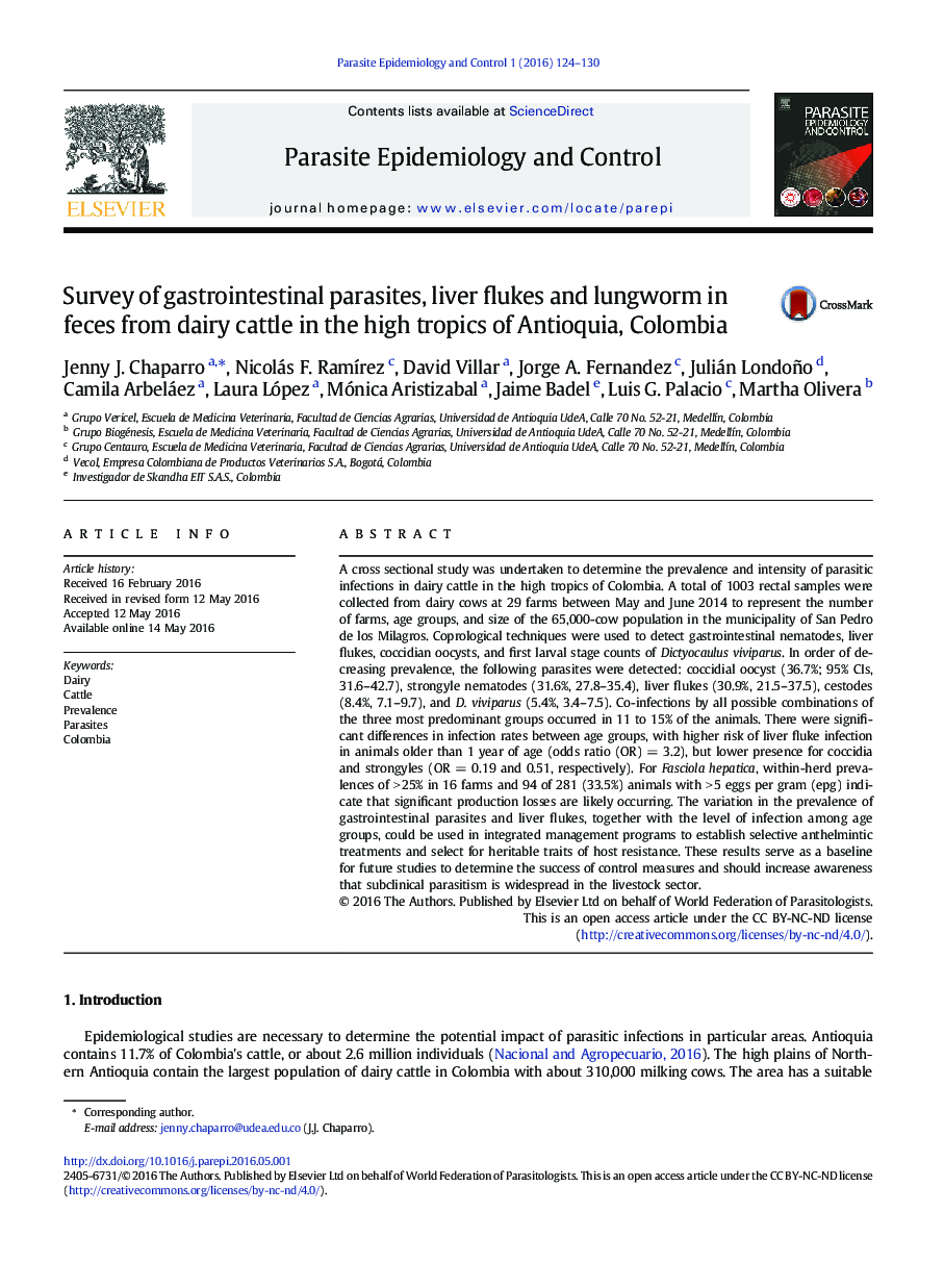بررسی پارازیت های گوارشی، کبد و کبد چرب در مدفوع گاوهای شیری در مناطق گرمسیری آنتی کوویا، کلمبیا