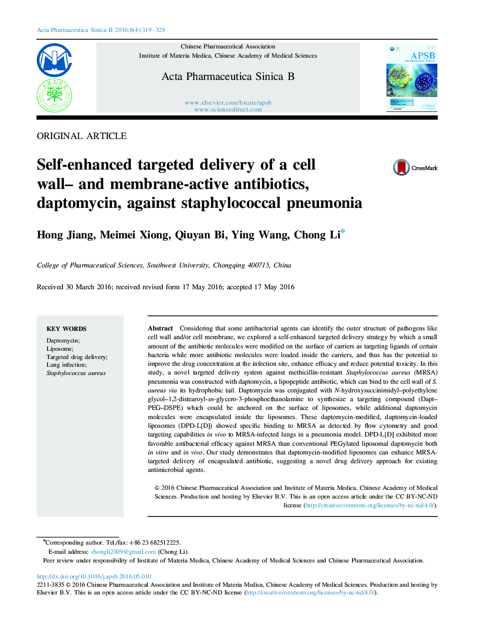 Self-enhanced targeted delivery of a cell wall– and membrane-active antibiotics, daptomycin, against staphylococcal pneumonia 