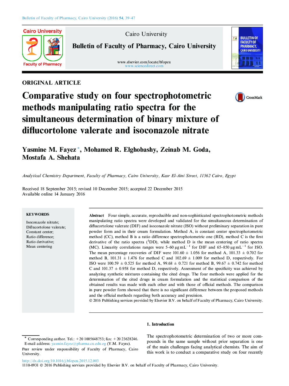 Comparative study on four spectrophotometric methods manipulating ratio spectra for the simultaneous determination of binary mixture of diflucortolone valerate and isoconazole nitrate 