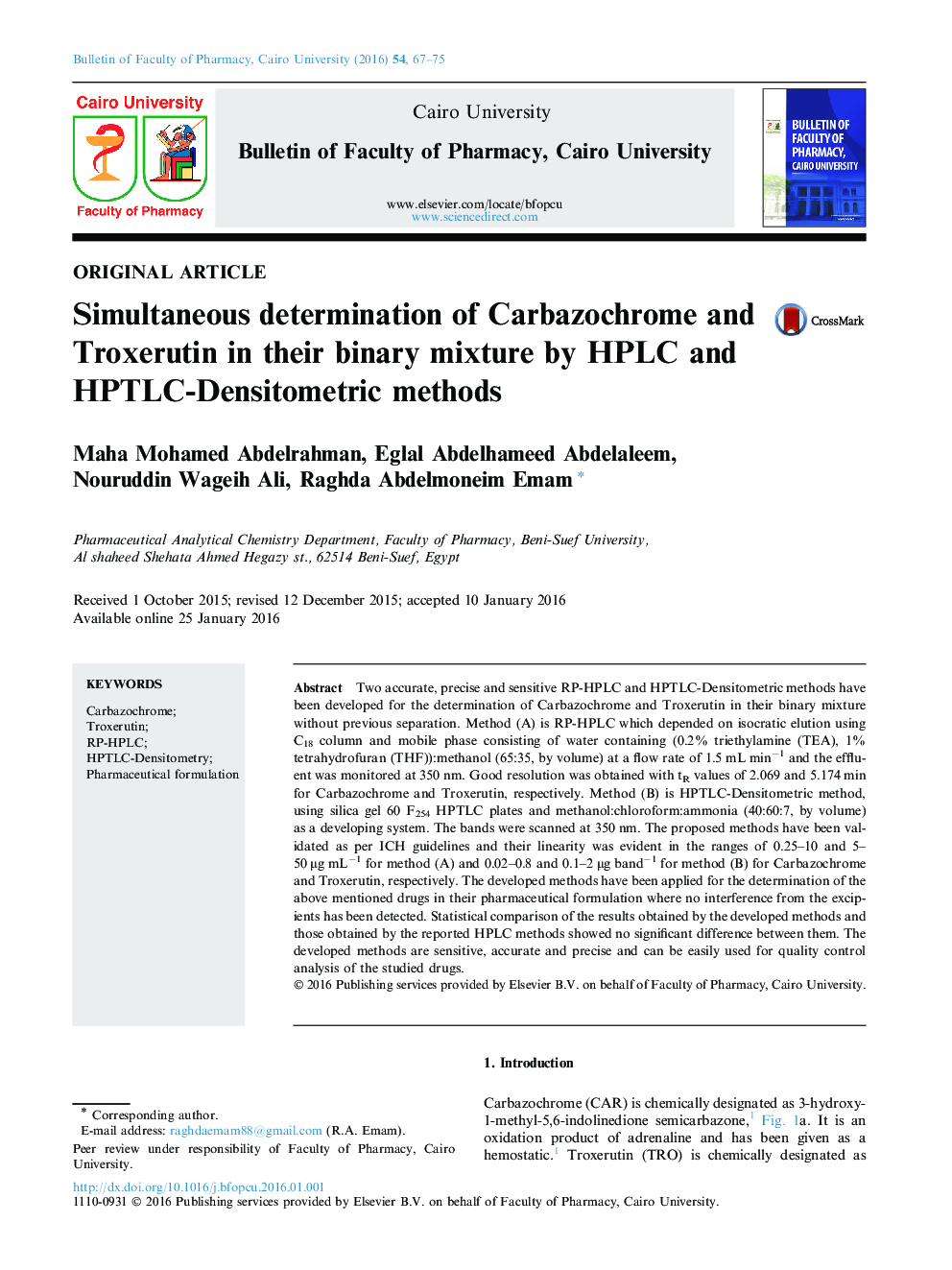Simultaneous determination of Carbazochrome and Troxerutin in their binary mixture by HPLC and HPTLC-Densitometric methods 