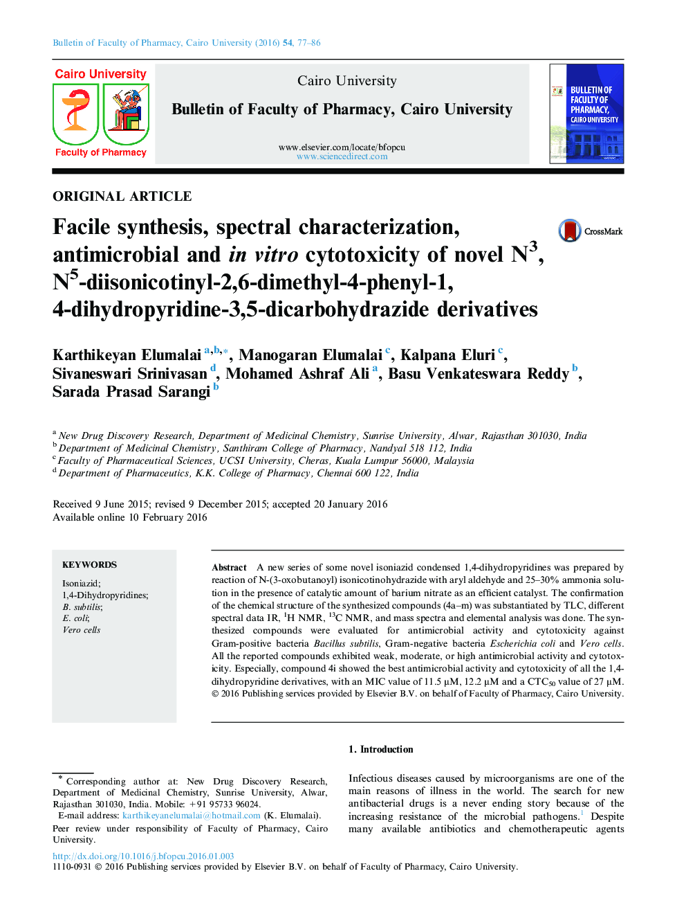 Facile synthesis, spectral characterization, antimicrobial and in vitro cytotoxicity of novel N3,N5-diisonicotinyl-2,6-dimethyl-4-phenyl-1,4-dihydropyridine-3,5-dicarbohydrazide derivatives 