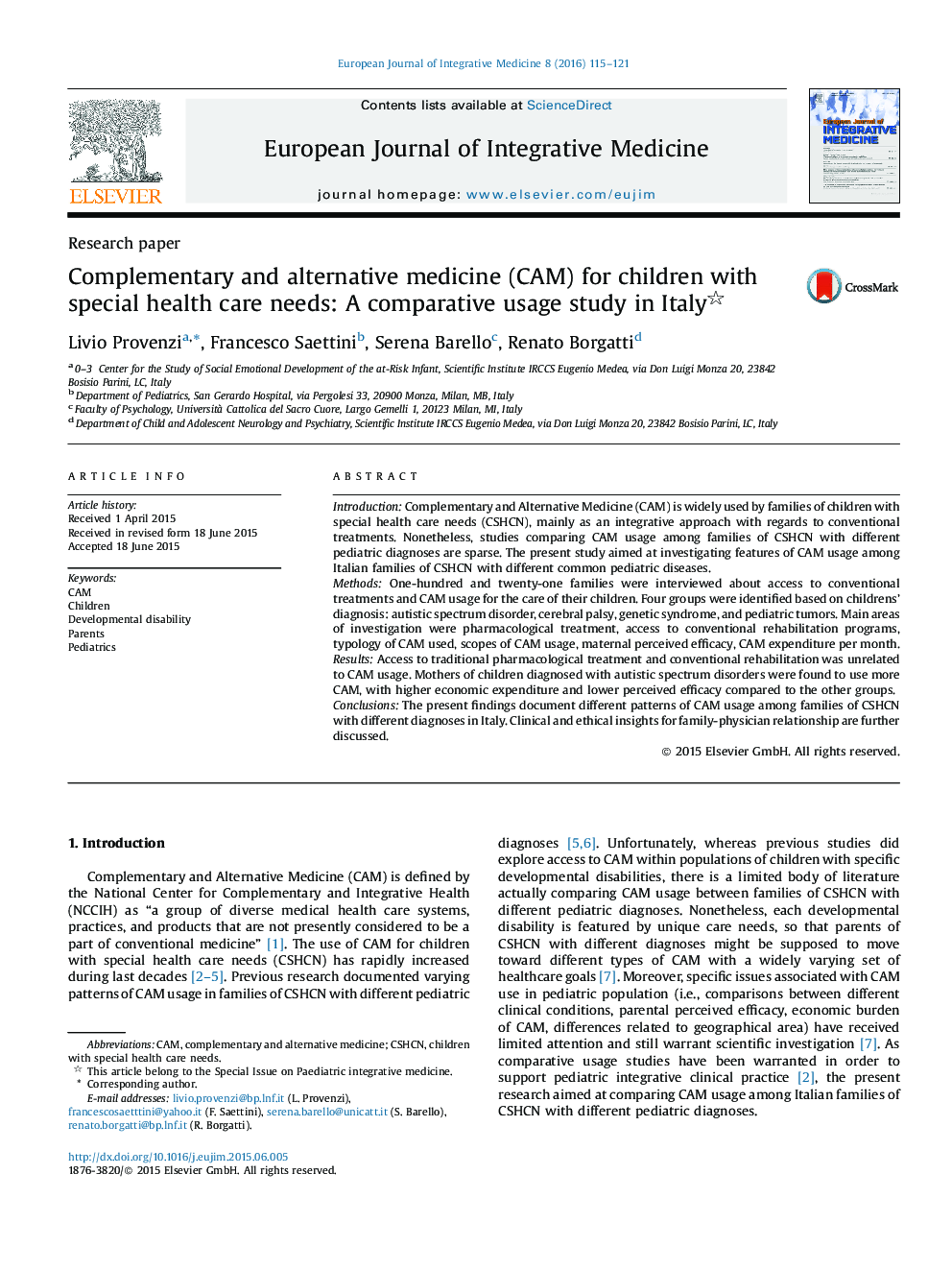 طب مکمل و جایگزین (CAM) برای کودکان با نیازهای ویژه مراقبت های بهداشتی: مطالعه تطبیقی استفاده در ایتالیا 