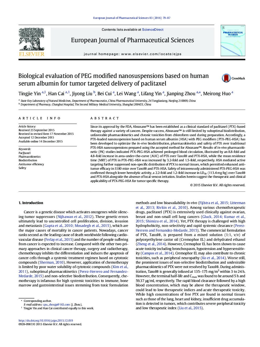 Biological evaluation of PEG modified nanosuspensions based on human serum albumin for tumor targeted delivery of paclitaxel