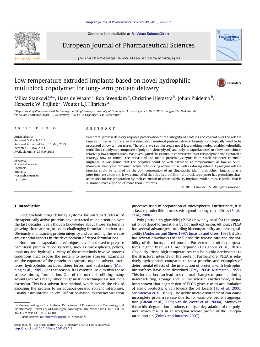 Low temperature extruded implants based on novel hydrophilic multiblock copolymer for long-term protein delivery