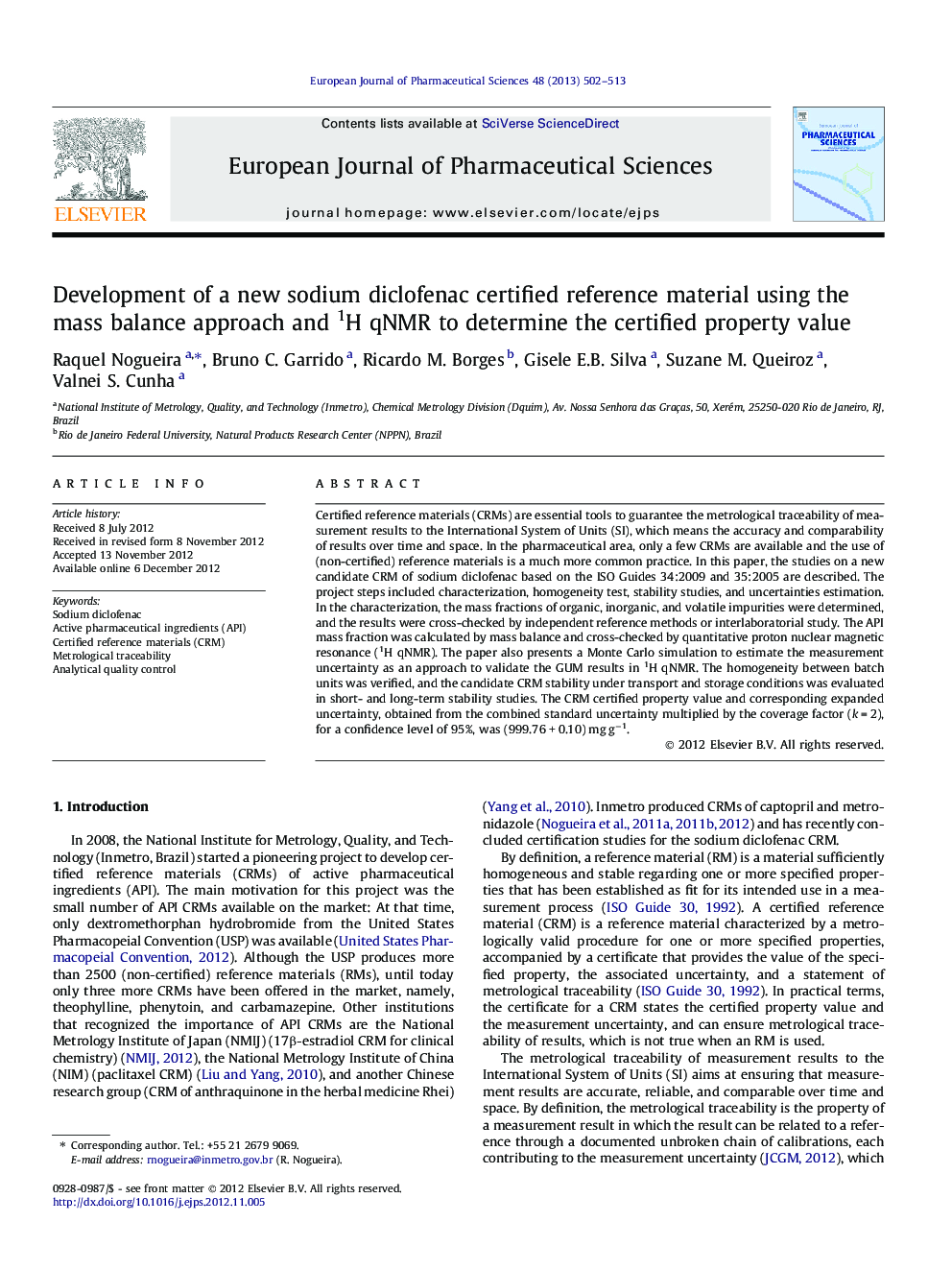 Development of a new sodium diclofenac certified reference material using the mass balance approach and 1H qNMR to determine the certified property value