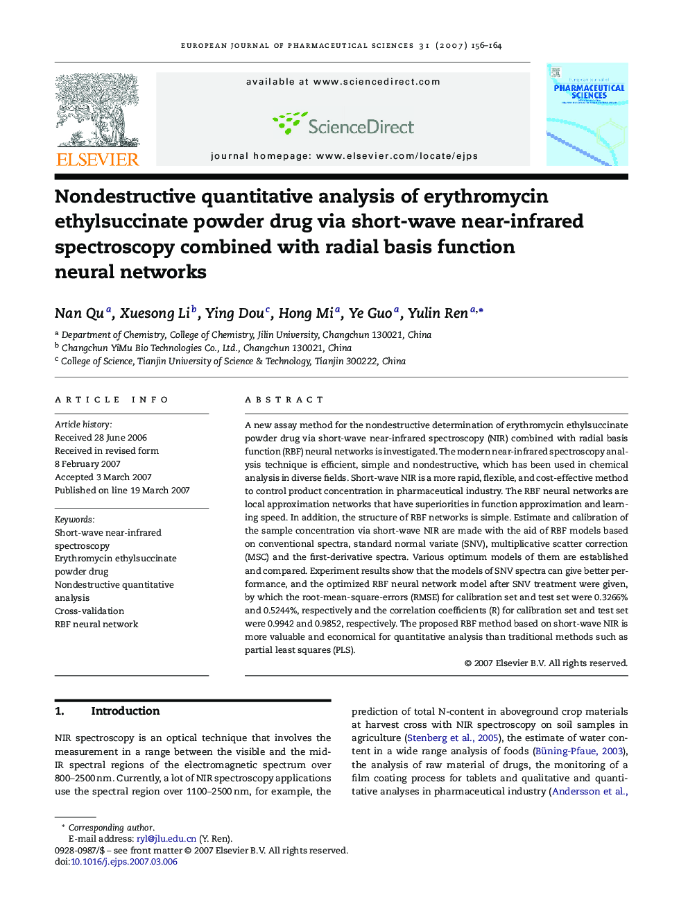 Nondestructive quantitative analysis of erythromycin ethylsuccinate powder drug via short-wave near-infrared spectroscopy combined with radial basis function neural networks