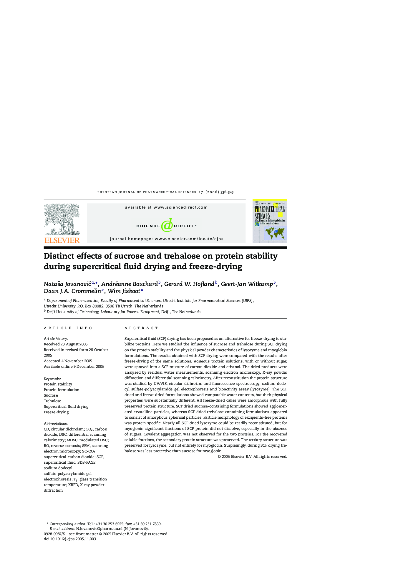 Distinct effects of sucrose and trehalose on protein stability during supercritical fluid drying and freeze-drying