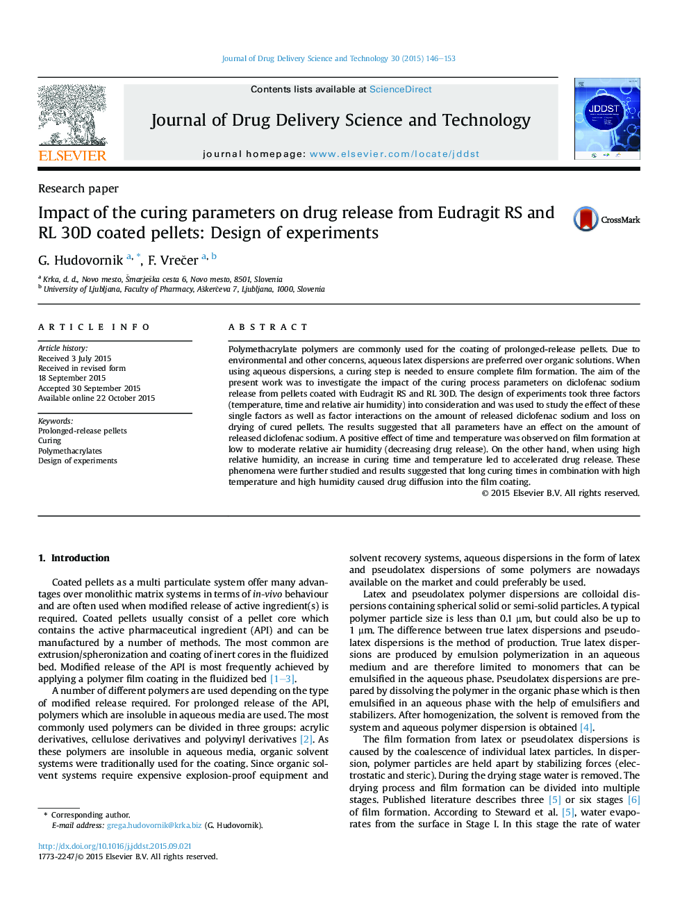 Impact of the curing parameters on drug release from Eudragit RS and RL 30D coated pellets: Design of experiments