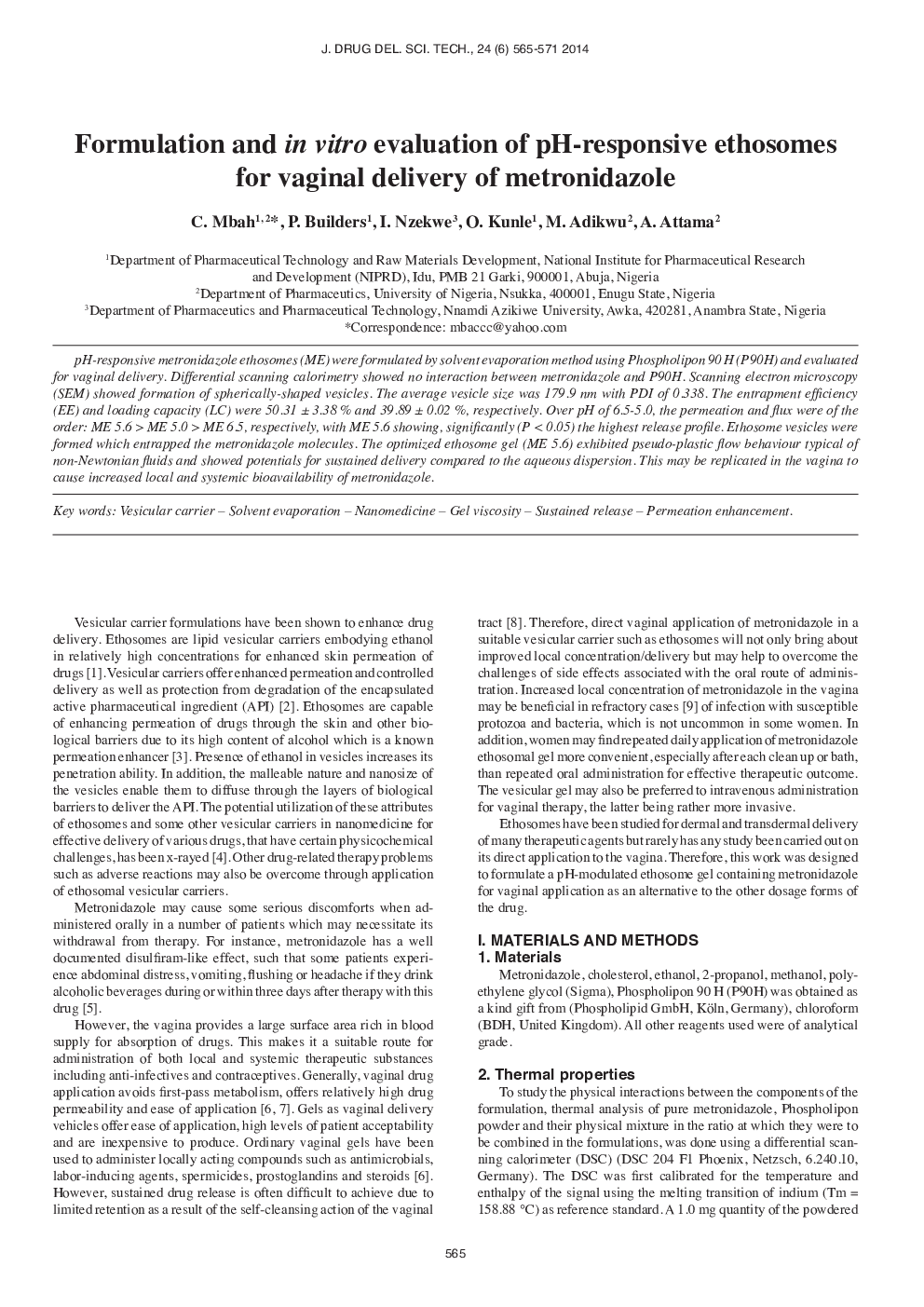 Formulation and in vitro evaluation of pH-responsive ethosomes for vaginal delivery of metronidazole
