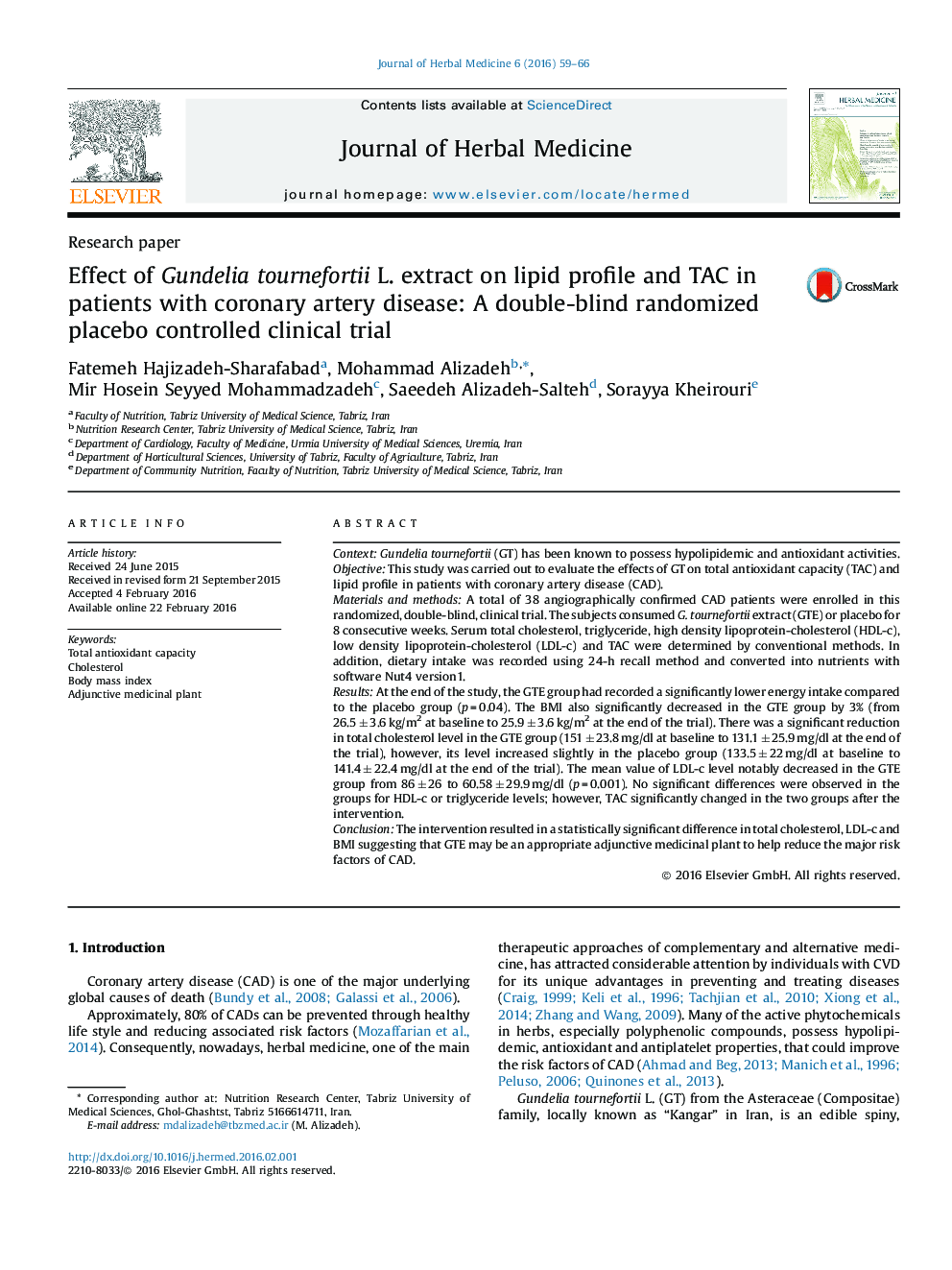 اثر عصاره Gundelia tournefortii L. بر پروفایل لیپید و TAC در بیماران مبتلا به بیماری عروق کرونر: یک کارآزمایی بالینی تصادفی دوسوکور با پلاسبو