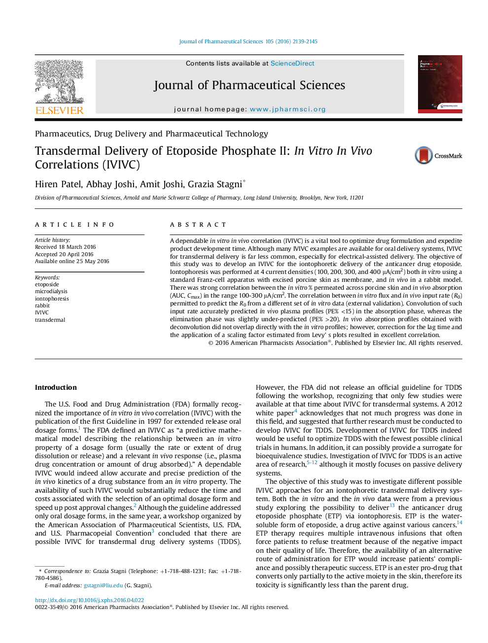 Transdermal Delivery of Etoposide Phosphate II: In Vitro In Vivo Correlations (IVIVC)