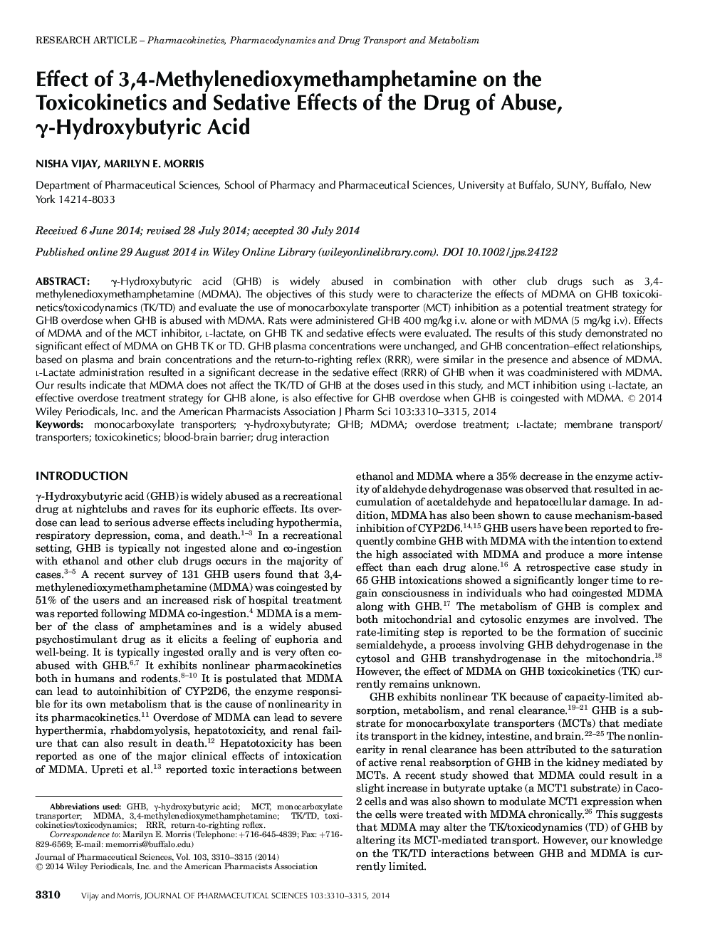 Effect of 3,4-Methylenedioxymethamphetamine on the Toxicokinetics and Sedative Effects of the Drug of Abuse, Î³-Hydroxybutyric Acid