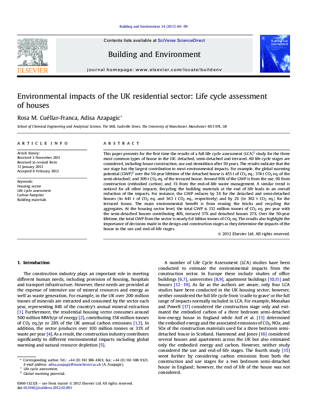 Environmental impacts of the UK residential sector: Life cycle assessment of houses