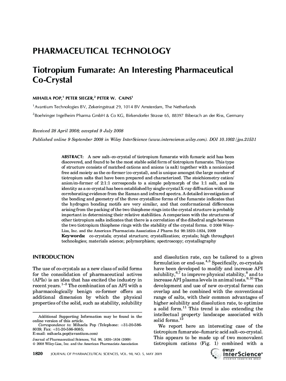 Tiotropium Fumarate: An Interesting Pharmaceutical Co-Crystal