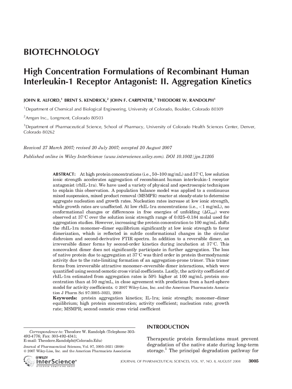 High Concentration Formulations of Recombinant Human Interleukin-1 Receptor Antagonist: II. Aggregation Kinetics