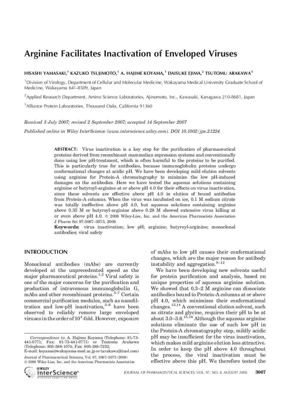 Arginine Facilitates Inactivation of Enveloped Viruses