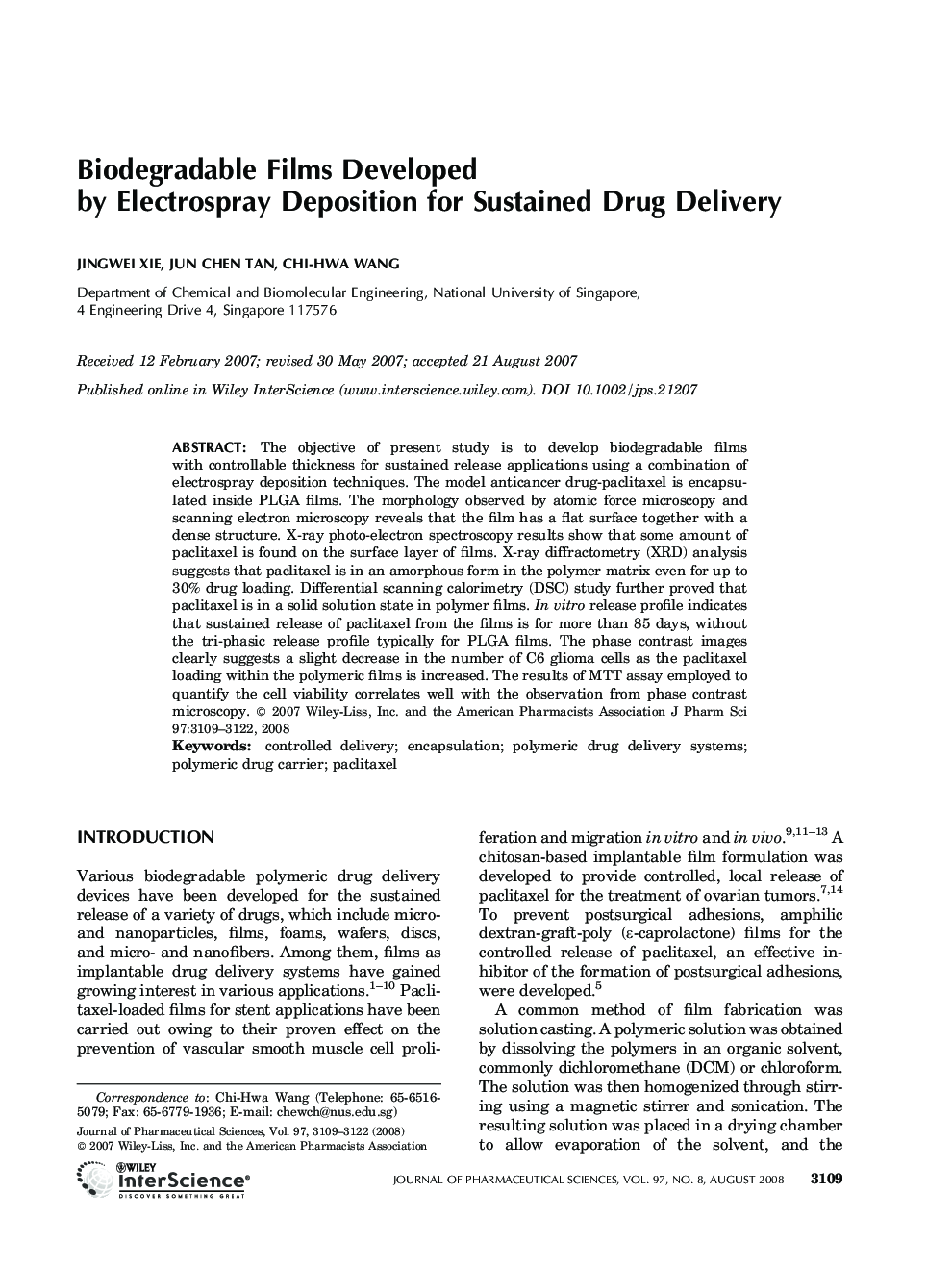 Biodegradable Films Developed by Electrospray Deposition for Sustained Drug Delivery