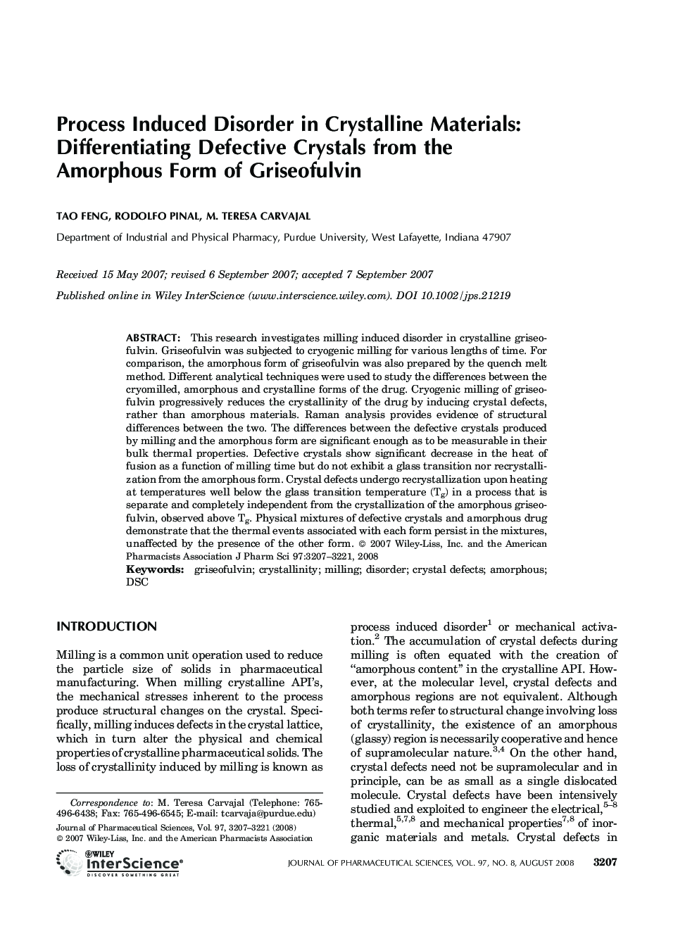 Process Induced Disorder in Crystalline Materials:Differentiating Defective Crystals from the Amorphous Form of Griseofulvin