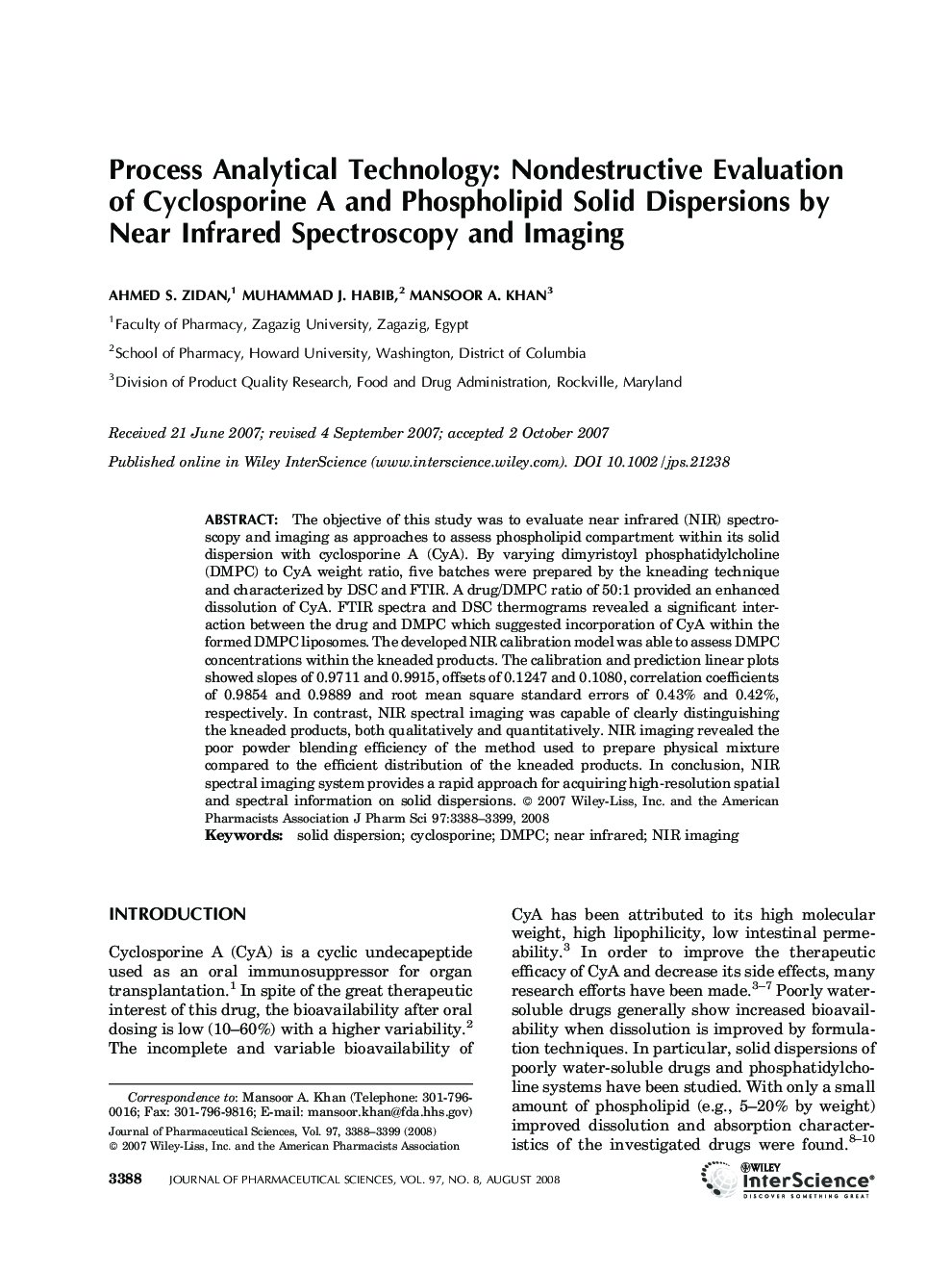 Process Analytical Technology: Nondestructive Evaluation of Cyclosporine A and Phospholipid Solid Dispersions by Near Infrared Spectroscopy and Imaging