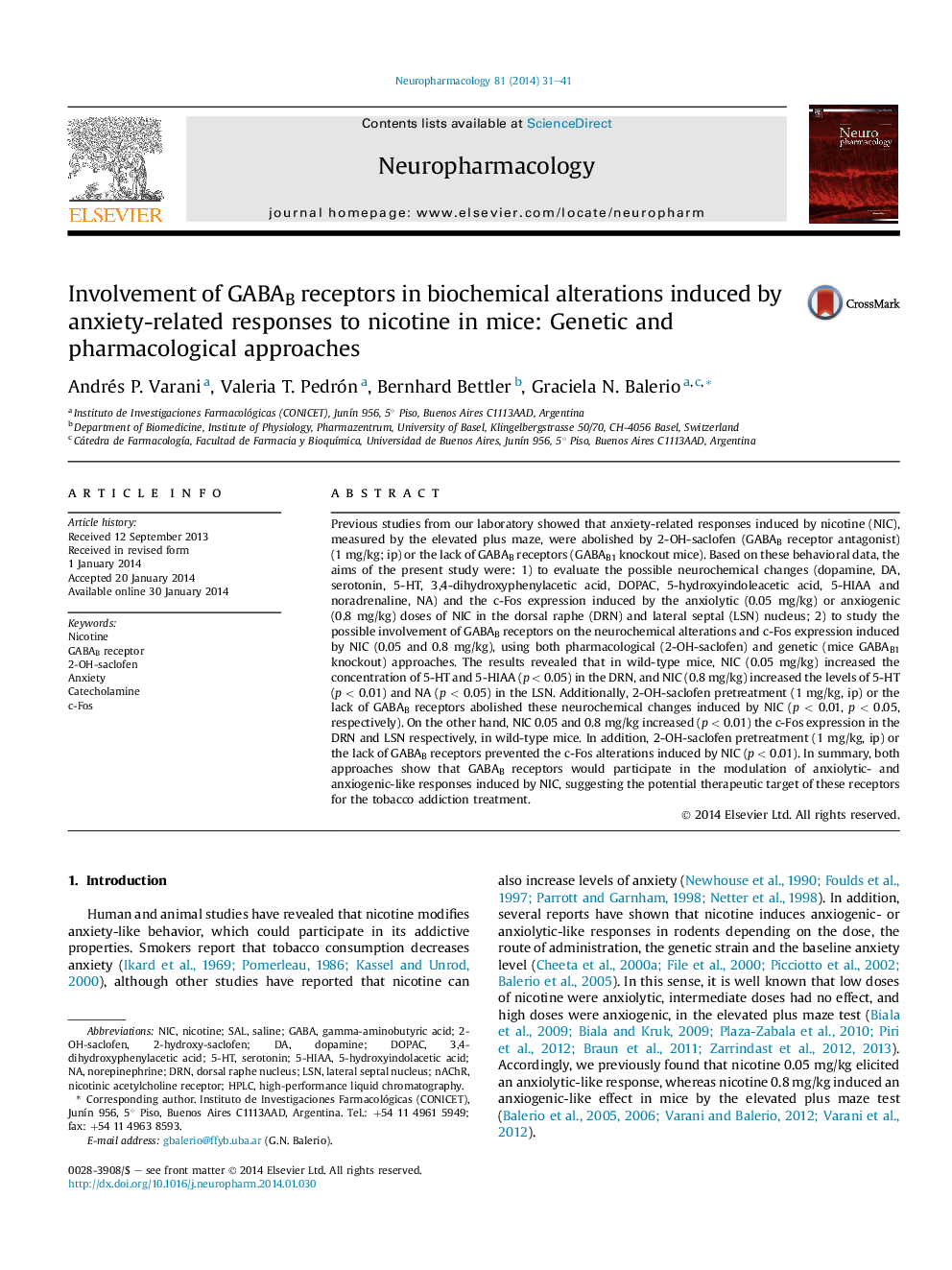 Involvement of GABAB receptors in biochemical alterations induced by anxiety-related responses to nicotine in mice: Genetic and pharmacological approaches