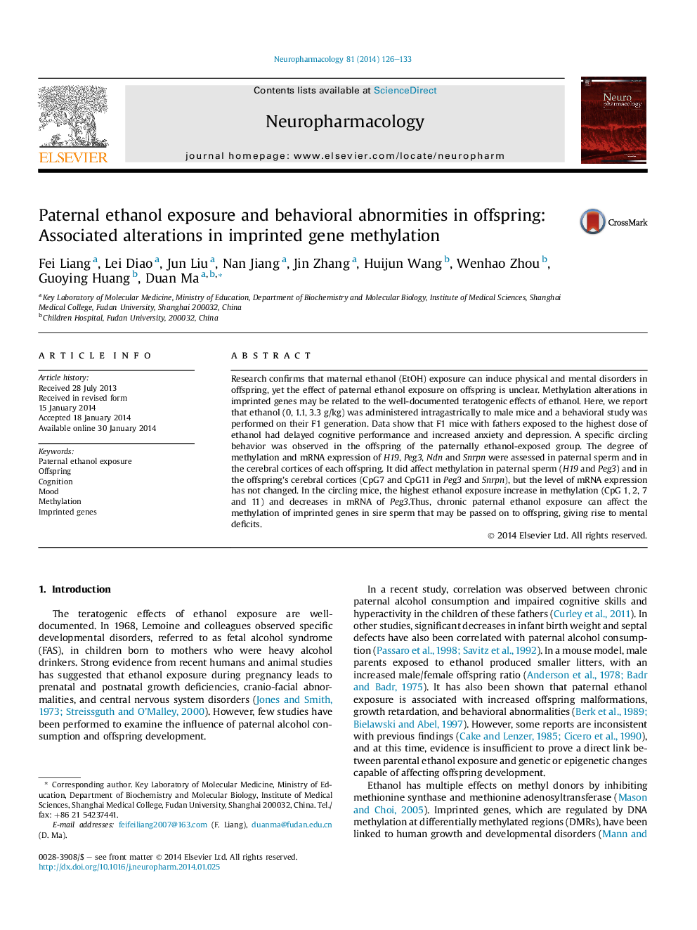 Paternal ethanol exposure and behavioral abnormities in offspring: Associated alterations in imprinted gene methylation