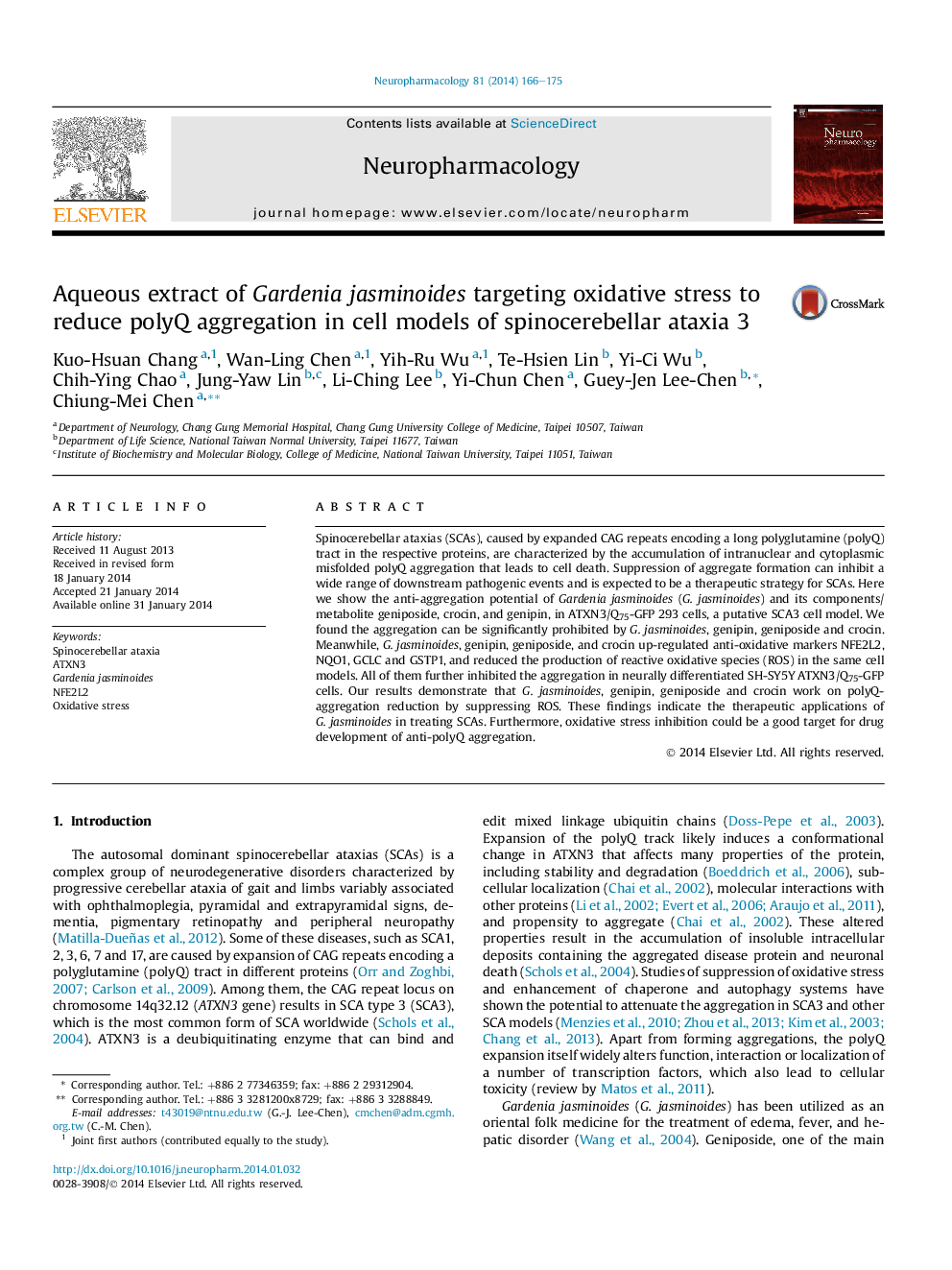 Aqueous extract of Gardenia jasminoides targeting oxidative stress to reduce polyQ aggregation in cell models of spinocerebellar ataxia 3