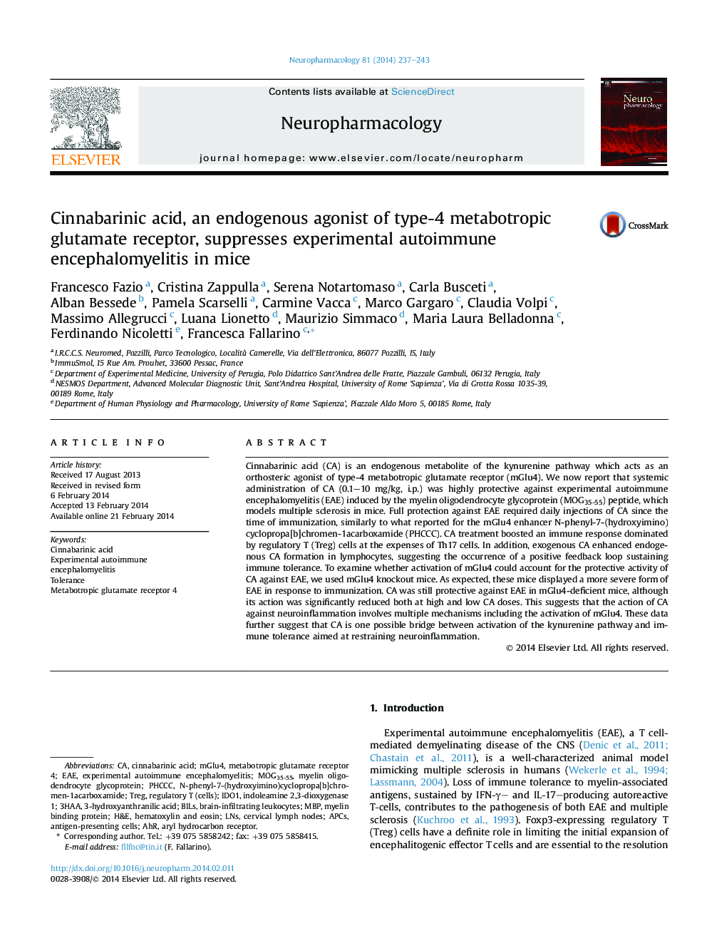 Cinnabarinic acid, an endogenous agonist of type-4 metabotropic glutamate receptor, suppresses experimental autoimmune encephalomyelitis in mice