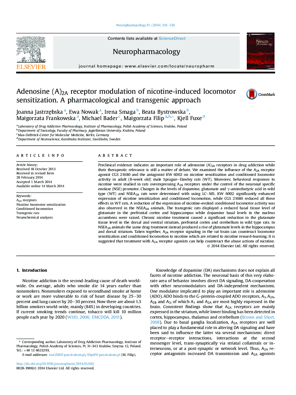 Adenosine (A)2A receptor modulation of nicotine-induced locomotor sensitization. A pharmacological and transgenic approach