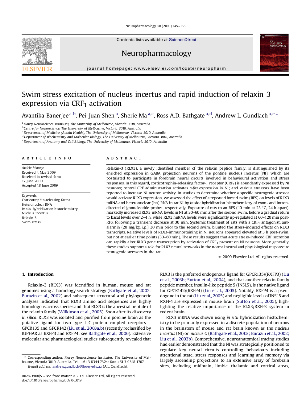 Swim stress excitation of nucleus incertus and rapid induction of relaxin-3 expression via CRF1 activation