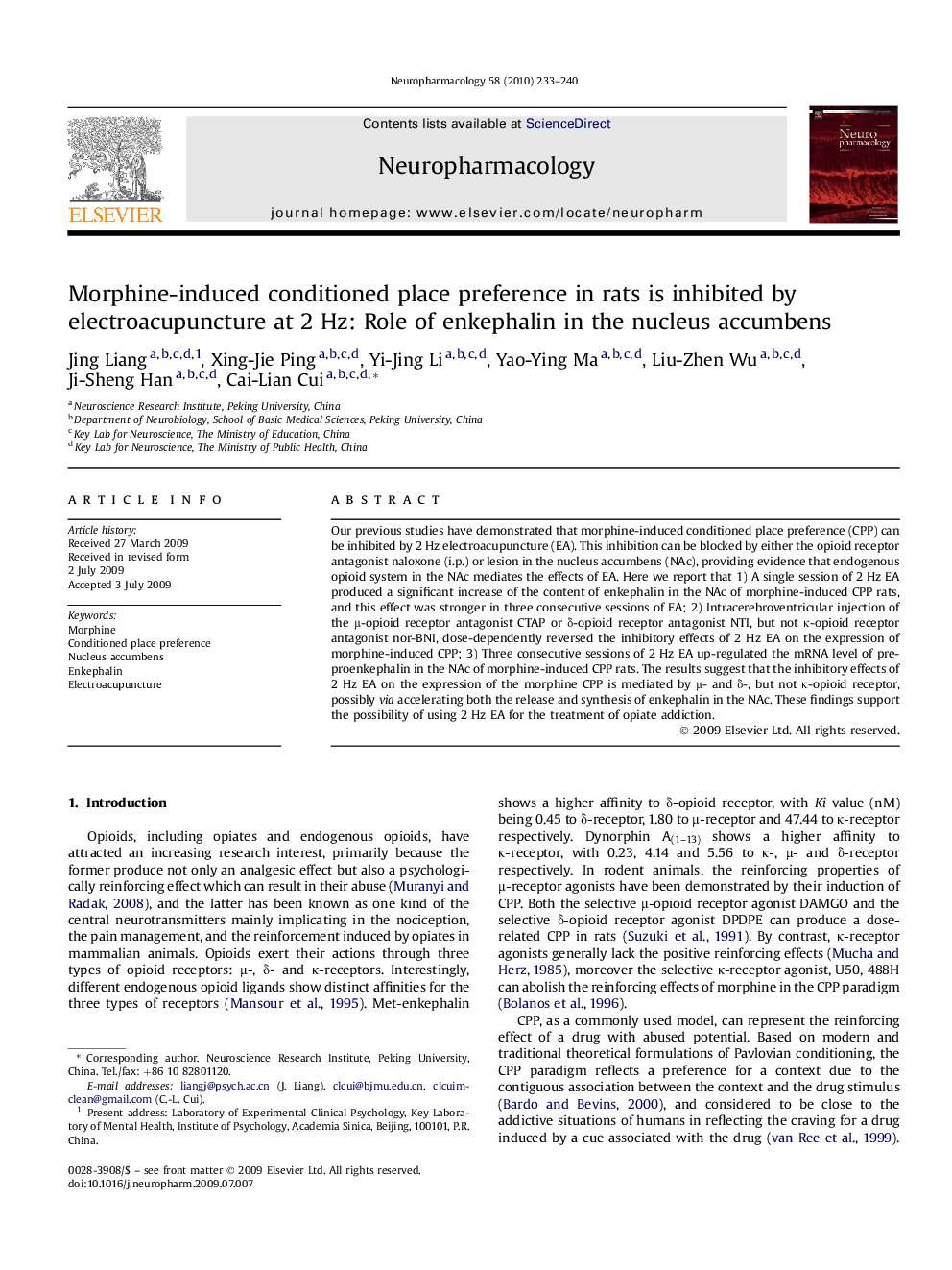 Morphine-induced conditioned place preference in rats is inhibited by electroacupuncture at 2 Hz: Role of enkephalin in the nucleus accumbens