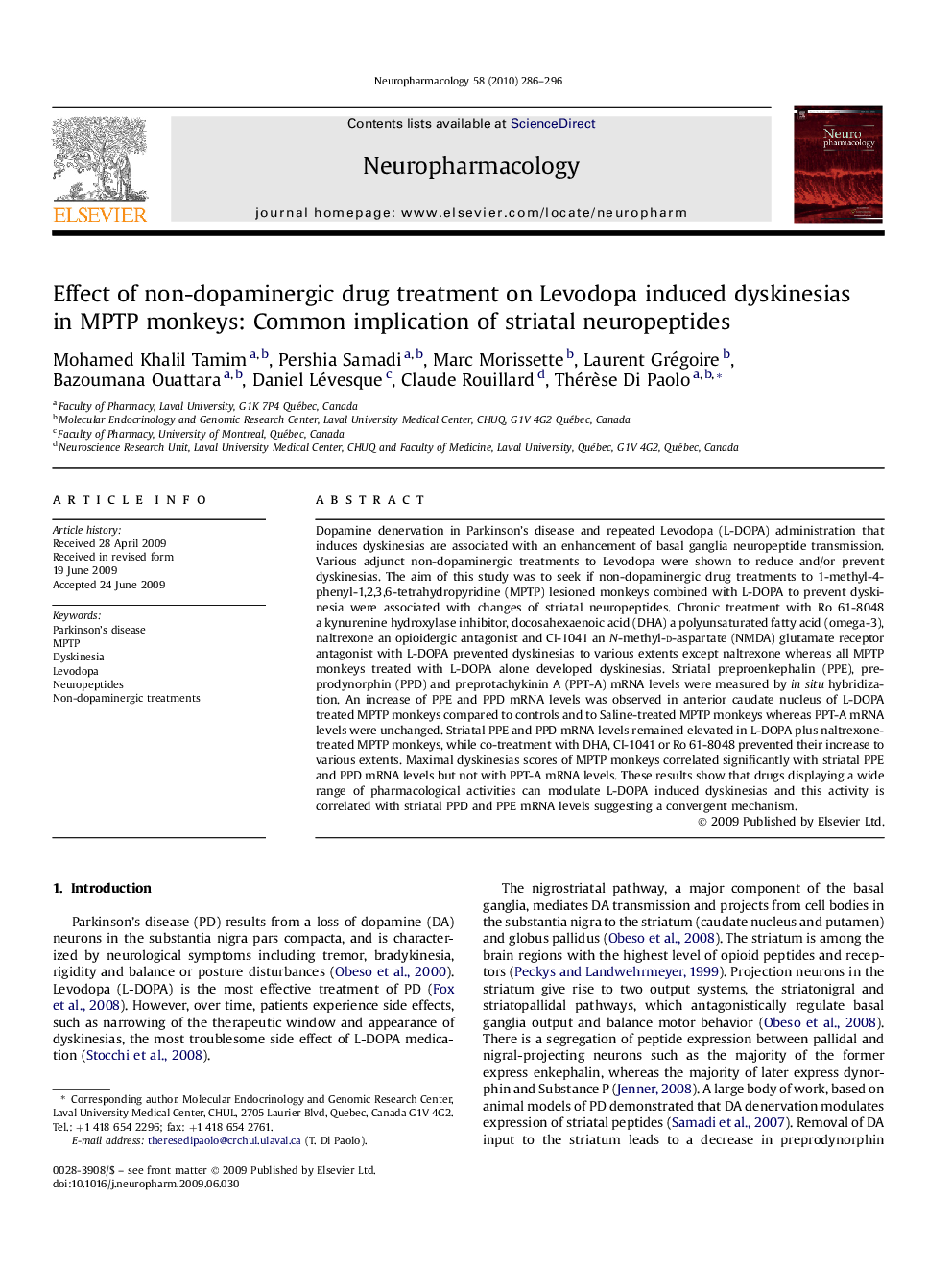 Effect of non-dopaminergic drug treatment on Levodopa induced dyskinesias in MPTP monkeys: Common implication of striatal neuropeptides