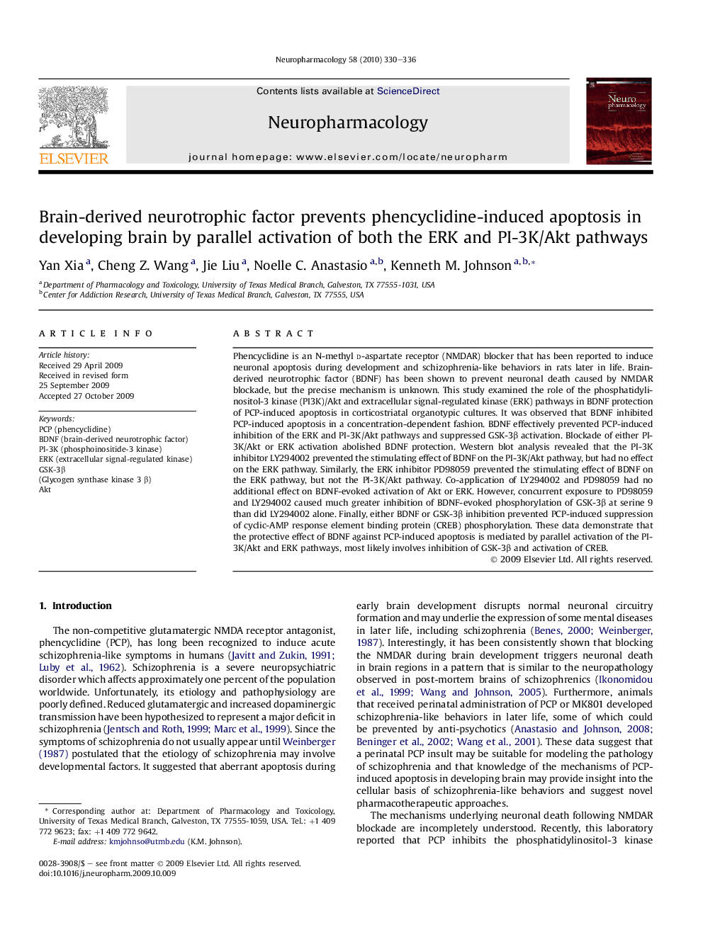 Brain-derived neurotrophic factor prevents phencyclidine-induced apoptosis in developing brain by parallel activation of both the ERK and PI-3K/Akt pathways