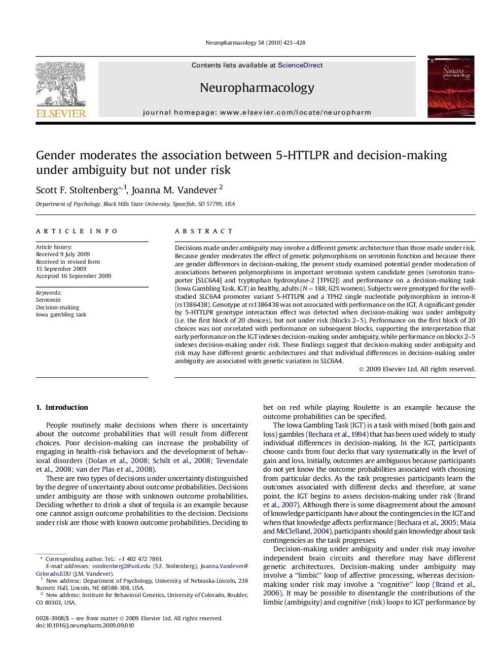 Gender moderates the association between 5-HTTLPR and decision-making under ambiguity but not under risk